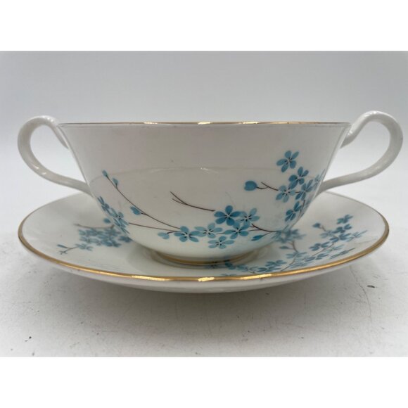Berkshire English Bone China Blue Floral Double Handle Soup Bowl & Saucer Set - Picture 3 of 7